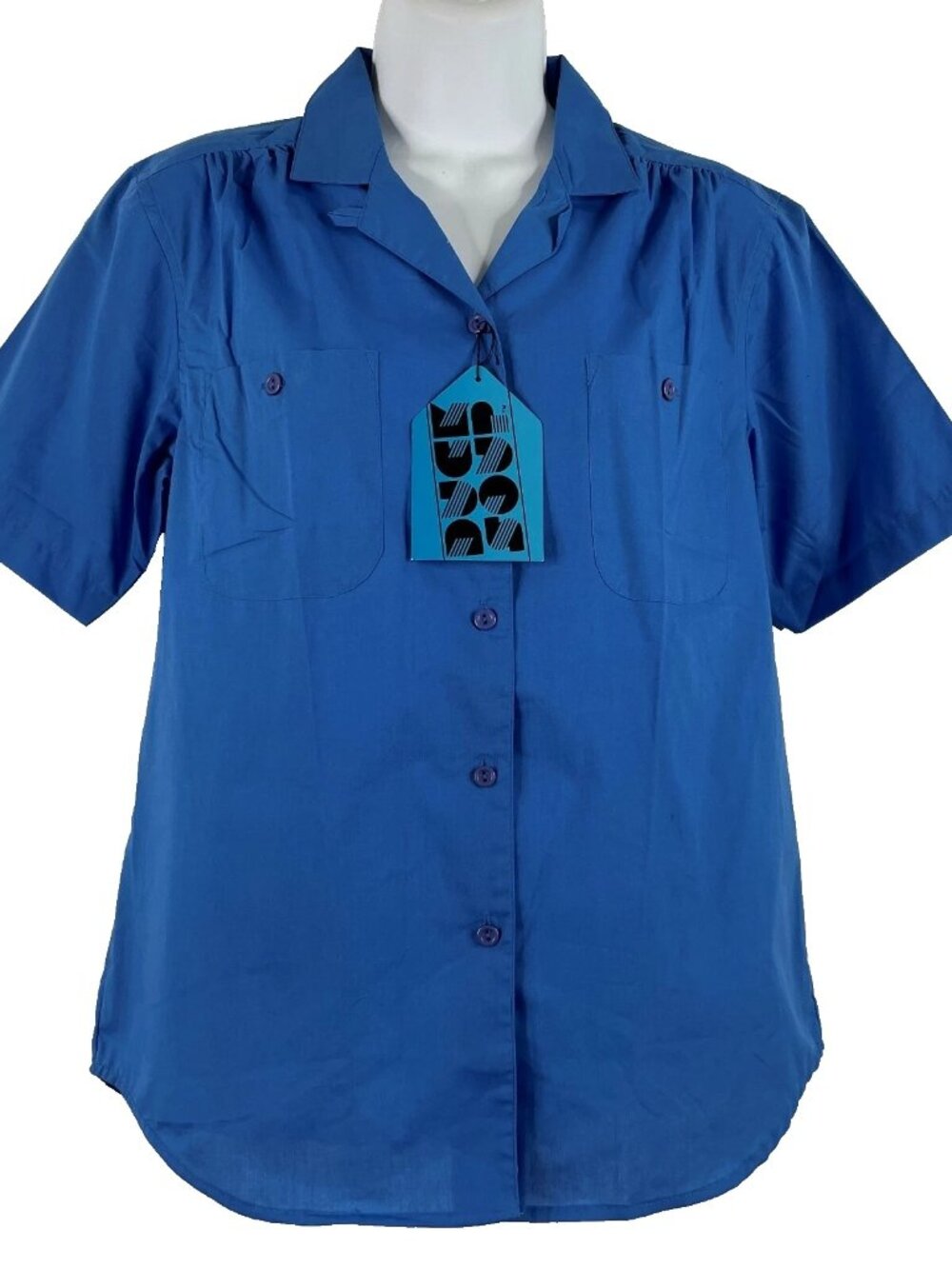 Vintage 80s Duck Soup Button Up Blouse Shirt Size M Royal Blue Short Sleeve